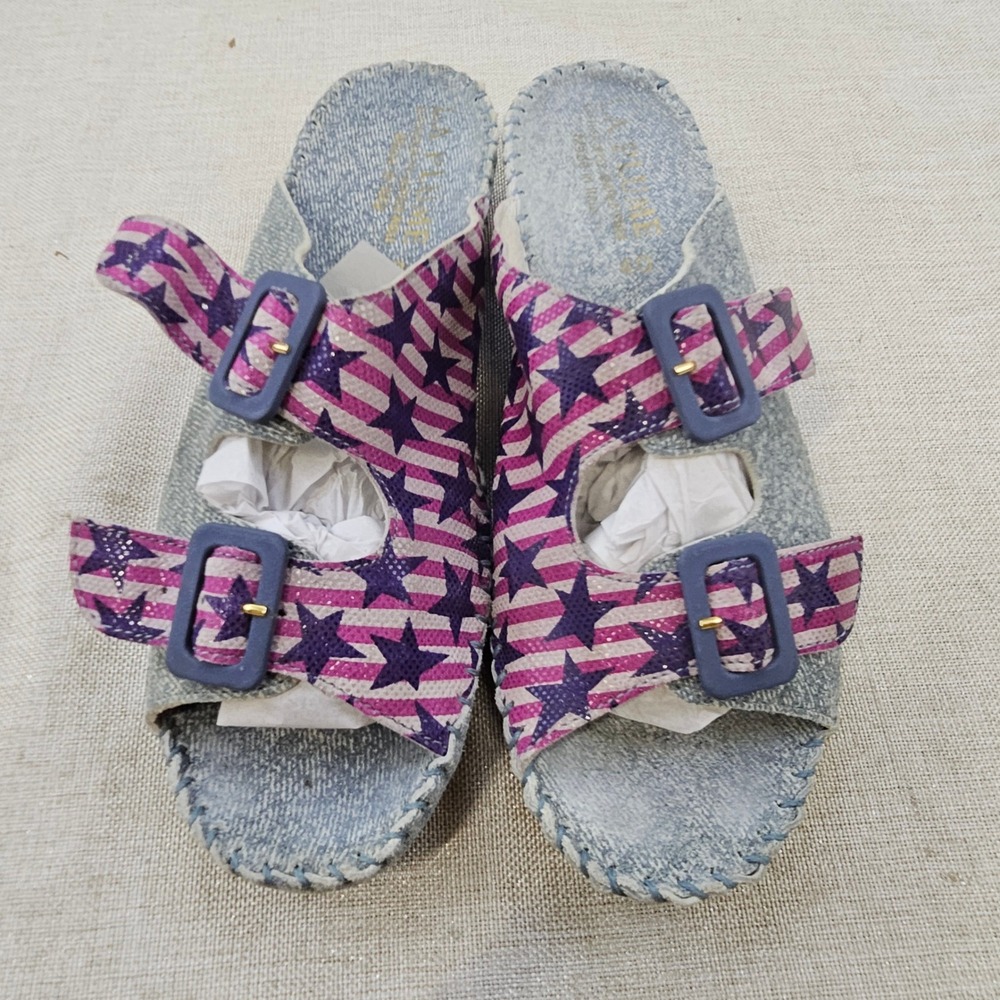 La Plume Italy‎ Denim Leather Stars Stripes Slide Sandals Womens 40 Blue Purple